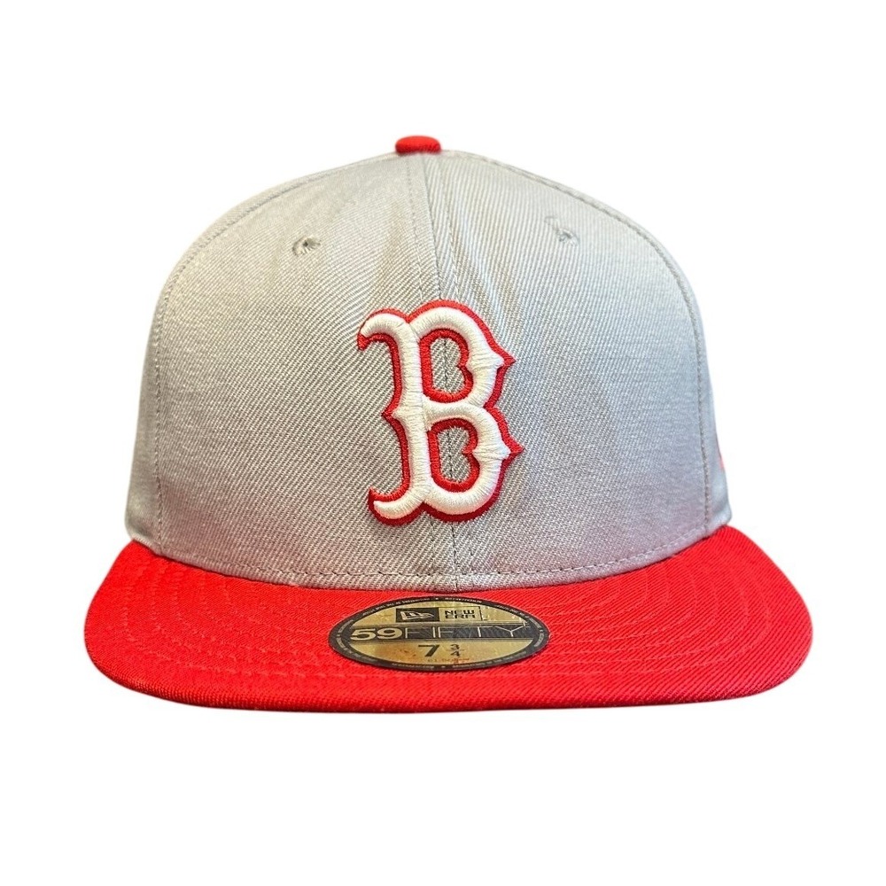 Vtg Boston Red Sox MLB New Era 59FIFTY Hat 7 5/8 Gray Red Made in USA Wool Blend